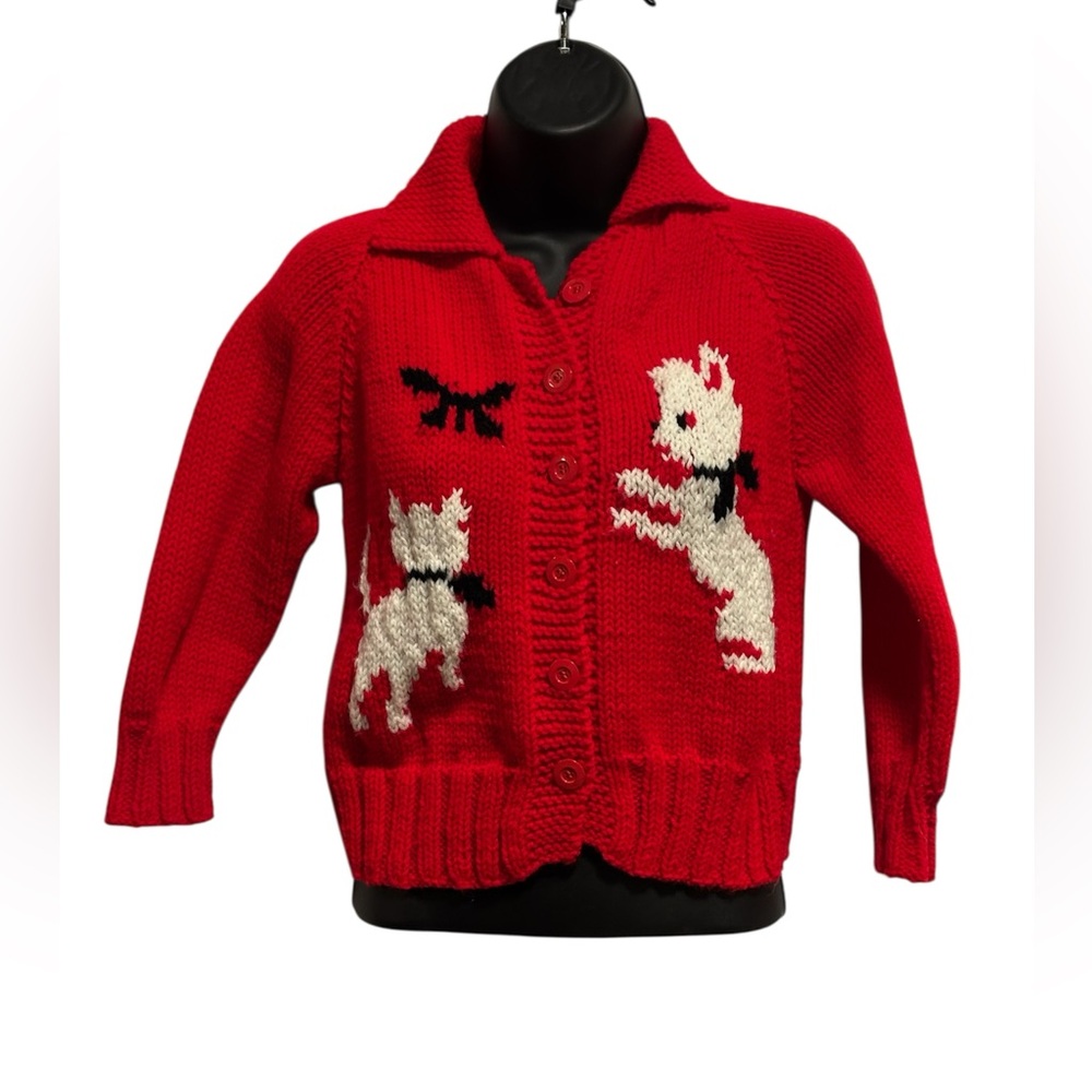 Vintage Handmade Red Kids Sweater with Playful Dog Design